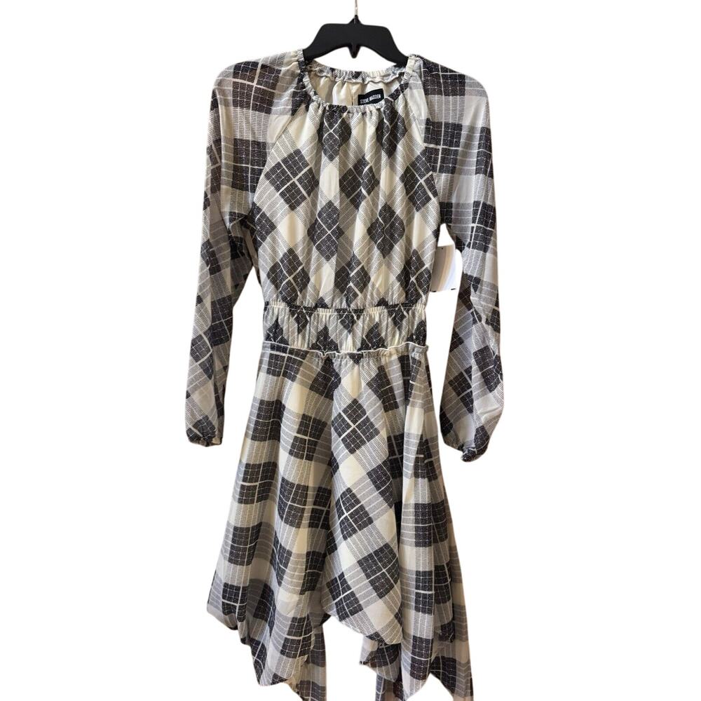Steve Madden Plaid Ruched Long Sleeve Handkerchief Dress - Picture 1 of 3